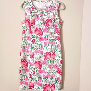 Kim‎ Rogers Floral Shift Dress Pink Green Covered Buttons Cotton Blend Size 10